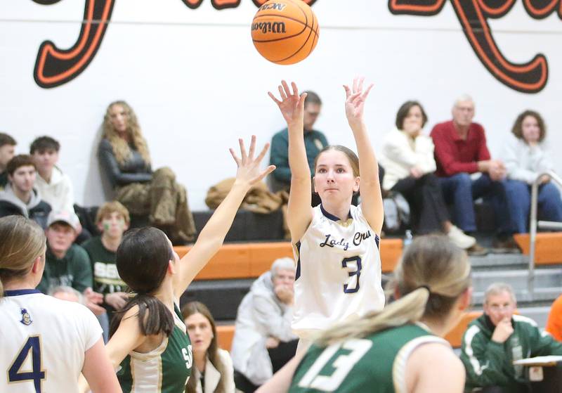 Marquette's Morgan Nelson shoots a jump shot over St. Bede's Bailey Engels during the Tri-County Conference championship game on Thursday, Jan. 23, 2025 at Roanoke-Benson High School.