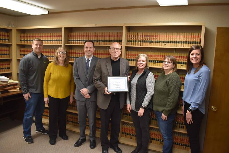 The Streator Area Chamber of Commerce celebrated MG Gulo & Associates Ltd as its April 2024 business of the month with (from left) Patrick Chismarick, Chamber Board; Judy Booze, Chamber ambassador; Thomas M. Gulo, attorney; Michael F. Gulo, attorney; Amy Glisson, legal assistant; Laurie Klein, legal assistant; and Courtney Levy, Chamber director.