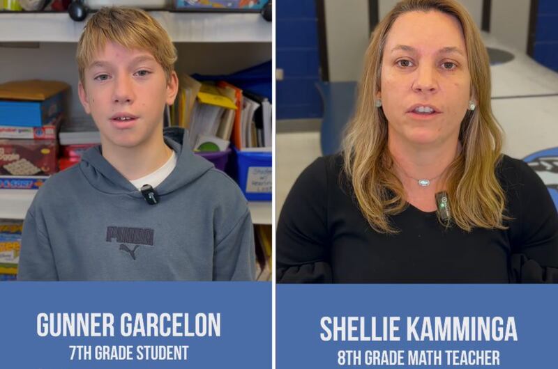 Teacher Shellie Kamminga is credited with saving student Gunner Garcelon's life on Friday, Oct. 18, 2024, when she saw the seventh grade student choking in the lunch room of Westfield Community School in Algonquin and stepped in, performing the Heimlich maneuver to save his life.