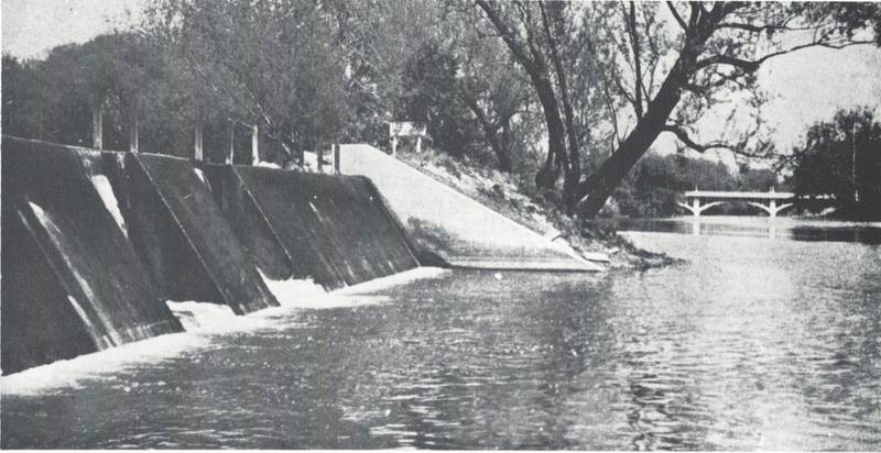 This photo shows part of the old State Fish Hatchery spillway on the north bank of the Fox River. In 1956 the property was purchased by the Yorkville-Bristol Sanitary District and is the site of their treatment plant. Despite all the new construction around the facility, part of the concrete structure is still visible today. (Record file photo)