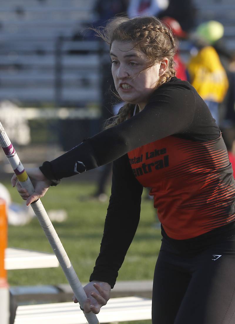 Crystal Lake Central’s Abbey Zaletel competes in the pole vault on Friday, April 19, 2024, during the McHenry County Track and Field Meet at Cary-Grove High School.
