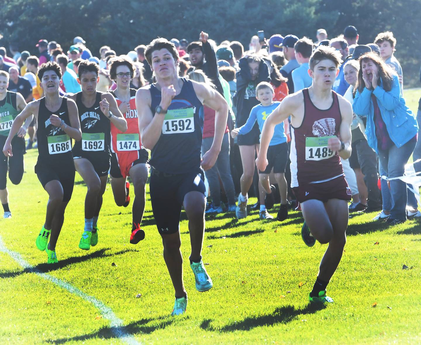 Bureau Valley's Elijah House races Dakota's Aiden Ruiz and Rock Falls' Jose Gomez and Anthony Valdivia to the finish line at the 1A Oregon Sectional on Saturday, Oct. 29 at Oregon Park West.