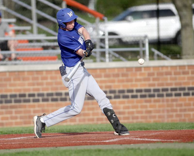 Wheaton North’s Logan Straube gets a hit during a game at St. Charles East on Monday, May 15, 2023.