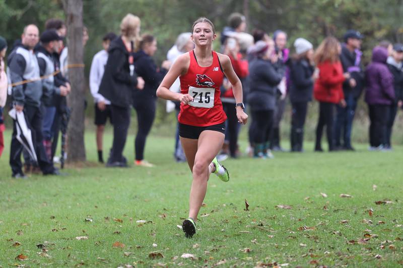Yorkville’s Ashley Schraeder takes fifth in the Southwest Prairie Conference meet at Channahon Park in Channahon on Friday, Oct. 13, 2023.