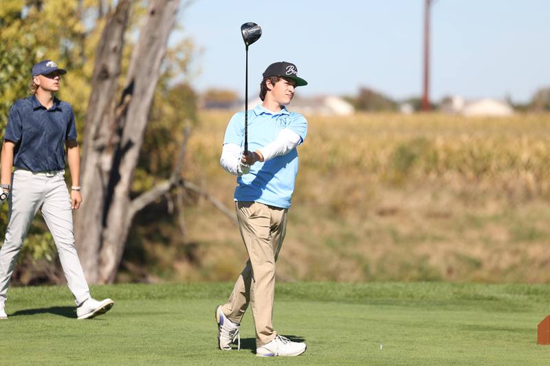 Nazareth’s Sam Wilda drives off the seventh hole in the Class 2A Lemont Boys Golf Sectional on Monday, Oct. 7, 2024 at Wedgewood Golf Course in Lemont.