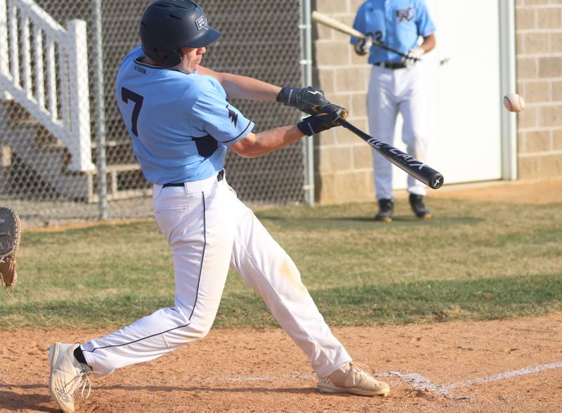 Bureau Valley's Dylan Howlett gets a base hit against Newman on Monday, March 30, 2026 at Bureau Valley High School.
