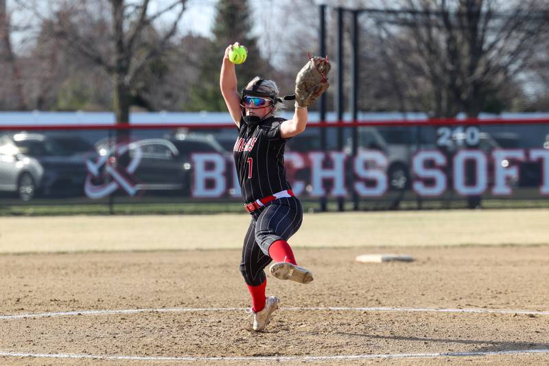 Bradley-Bourbonnais' Lydia Hammond throws a pitch during the Boilermakers' 12-0 victory over Marian Catholic on Tuesday, March 18, 2025. Hammond struck out 12 batters across five shutout innings.