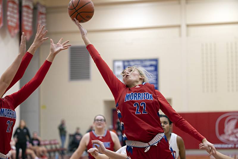 Morrison’s Avery White reaches for a rebound Wednesday, Jan. 17, 2024 at Oregon High School.