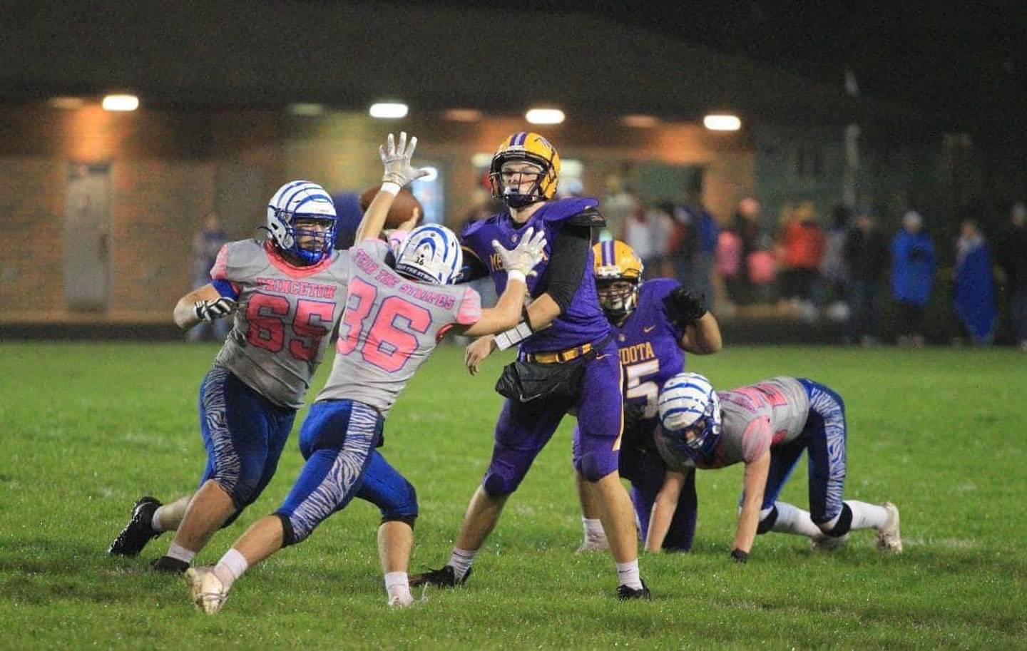 Princeton's Cade Odell (65) and Common Green (36) bring the heat on Mendota quarterback Justin Randolph Friday night at Bryant Field.