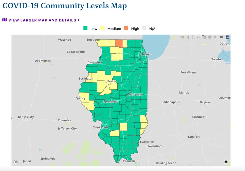 The latest COVID-19 community levels map as of Friday, November 18, 2022 from the Illinois Department of Public Health