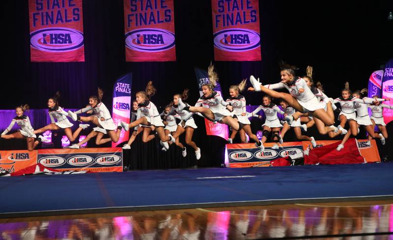 Members of the Lincoln Way Central cheerleading team perform during the Competitive Cheerleading State Finals on Saturday, Feb. 3, 2024 at Grossinger Motors Arena in Bloomington.