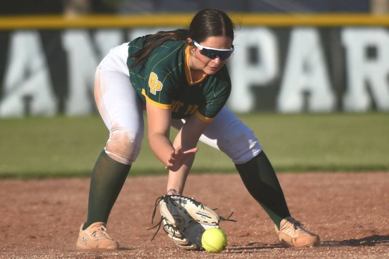 Grant Park's Lola Malkowski fields a ground ball during a home game against Watseka Wednesday, April 22, 2026.