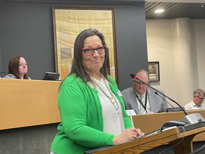 CiCi Chalus, executive director of La Salle County CASA, blinks back tears Monday, March 11, 2024, as she announces her retirement to the La Salle County Board. The search is on for her successor.