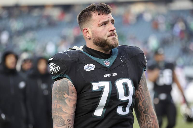 Philadelphia Eagles guard Trevor Keegan (79) walks off of the field after an NFL football game against the New York Giants, Sunday, Jan. 5, 2025 in Philadelphia. (AP Photo/Daniel Kucin Jr.)
