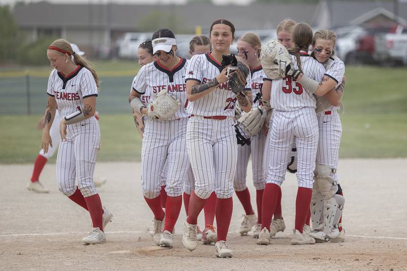 Fulton celebrates their 9-5 win over Morrison Friday, May 22, 2026, at the Class 1A softball regional at Newman High School.