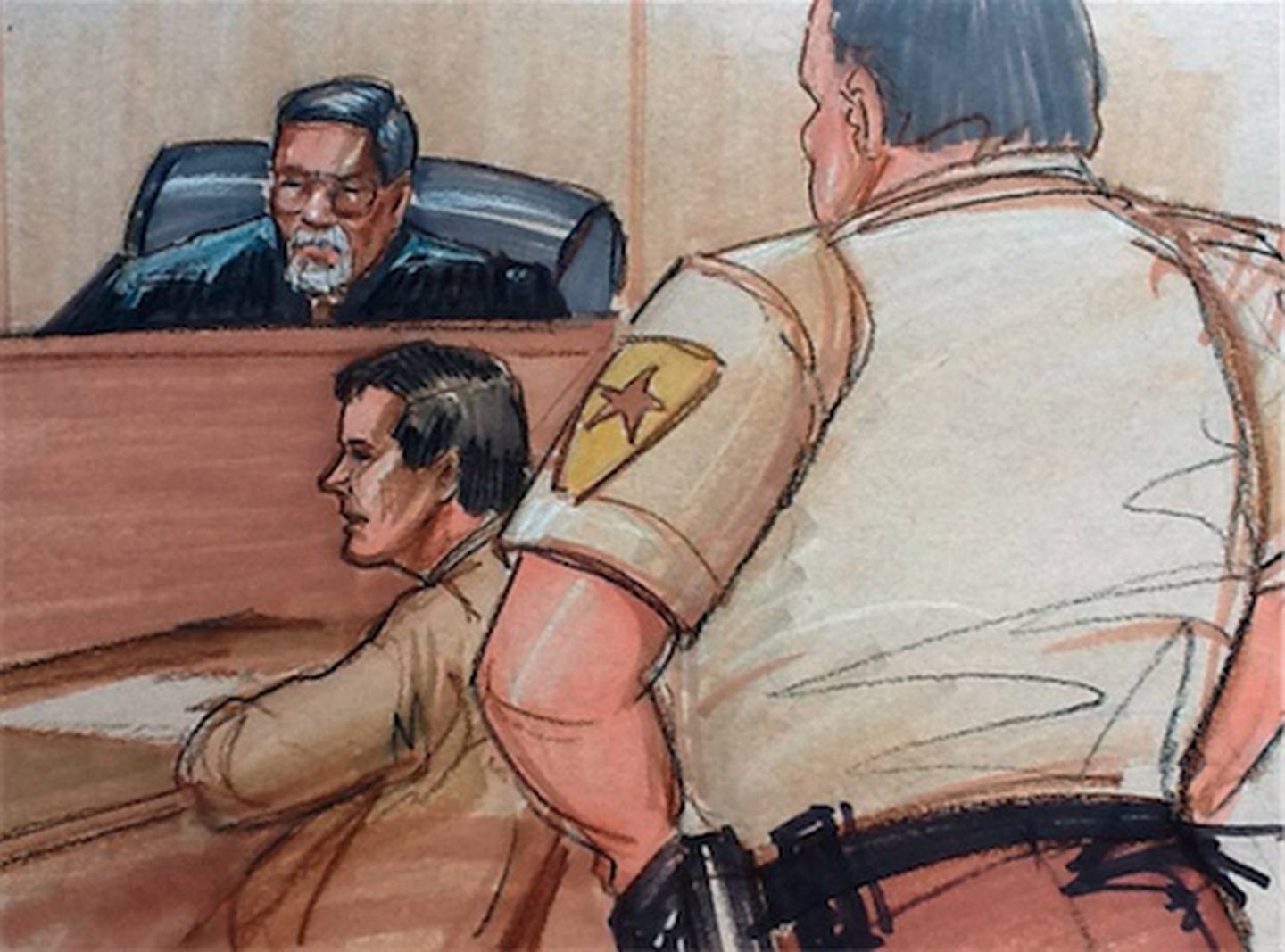 In this courtroom sketch, a Will County Sheriff’s officer stands at right as Christopher Vaughn of Oswego listens to Will County Judge Daniel Rozak read the verdict in his murder trial Thursday in Joliet. Jurors deliberated for less than an hour before convicting Vaughn in the June 2007 shooting deaths of his wife and three school-aged kids during what he told them was a road trip to a water park.
