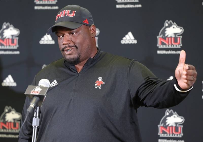 Northern Illinois University head football coach Thomas Hammock answers questions Tuesday, Aug. 6, 2024, during NIU fall sports media day in the Barsema Hall of Champions at NIU in DeKalb.