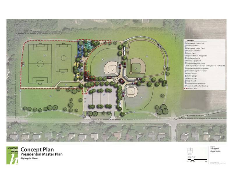 An aerial view of potential improvements to Presidential Park in Algonquin; the village announced on Friday, July 15, 2022, they'd received a $400,000 grant from Illinois to help fund the project.