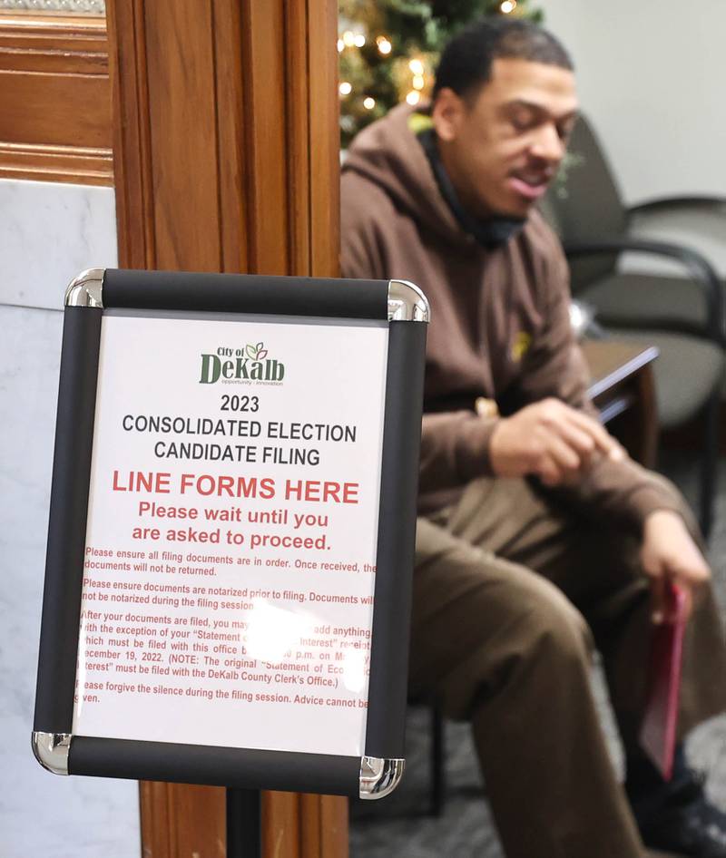 John Walker waits to file his paperwork to be a candidate for election in the 7th Ward in the DeKalb City Council Monday, Dec. 12, 2022, at City Hall. Candidate filing for the April election began Monday at 8:30 a.m. at City Hall.