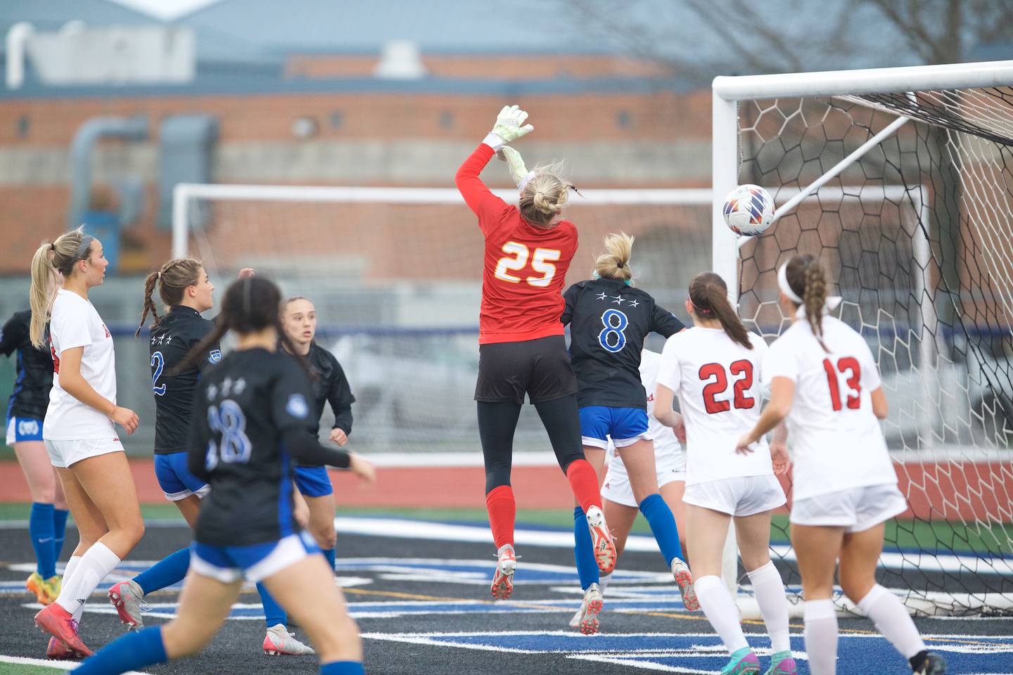 St. Charles North's Keira Kelly (8)  watches the ball go in the goal against Batavia on Thursday April 11, 2024 in St. Charles.