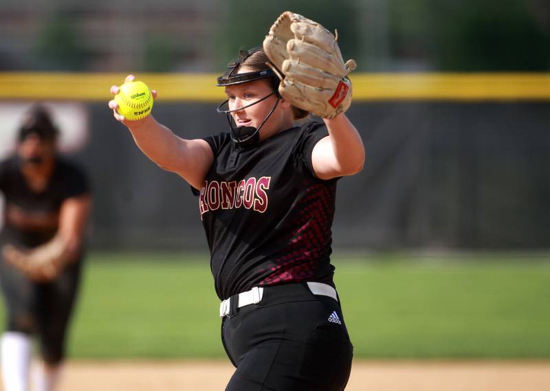Montini’s Cam Fox pitches during a Class 3A Benedictine Supersectional on Monday, June 9, 2025 in Lisle.