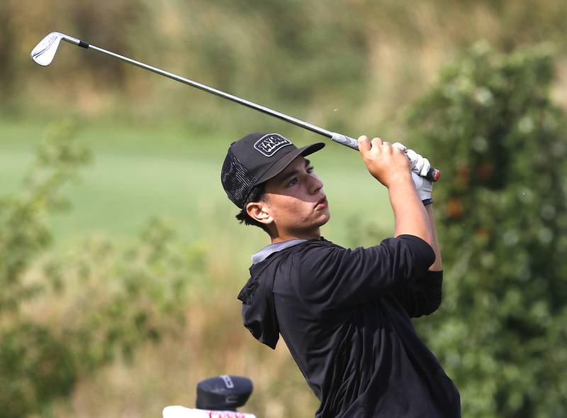 Crystal Lake Central’s Max Sinha watches his tee shot the eighth hole during the IHSA Class 2A Crystal Lake South Boys Golf Regional on Wednesday, Oct. 1, 2025 at RedTail Golf Club in Lakewood.