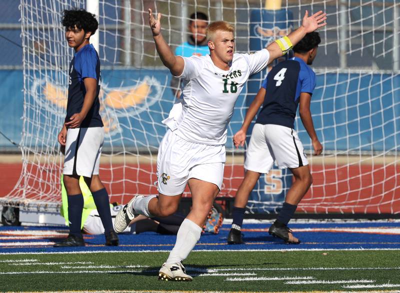 Coal City's Julian Micetich celebrates after scoring as Chicago Academy players look away Friday, Nov. 7, 2025, during their Class 1A state third place game at Hoffman Estates High School.