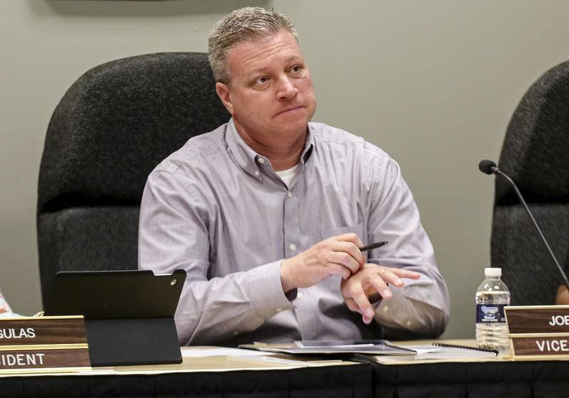 Joliet police officer Joe Clement looks on May 20 during a Joliet Park Board meeting.