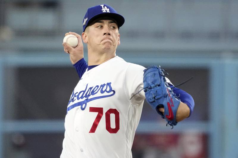 Los Angeles Dodgers starting pitcher Bobby Miller throws to an Arizona Diamondbacks batter during the first inning in Game 2 of the NL Division Series, Monday, Oct. 9, 2023, in Los Angeles.