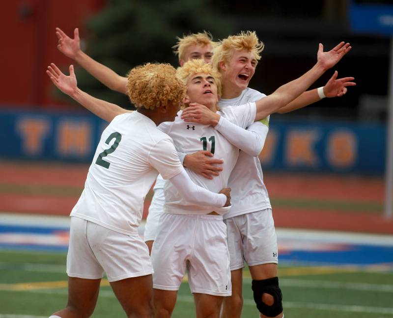 Crystal Lake South’s Nico Velasco and his teammates celebrate his goal in the first half during the Class 2A state semifinal match against Rochester at Hoffman Estates High School on Friday, Nov. 3, 2023.