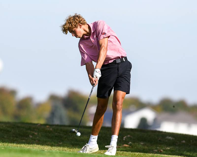 Graham Martison of Yorkville tees off during the Plainfield Central regional on Wednesday Oct. 1, 2025, held at Wedgewood Golf Course in Plainfield.
