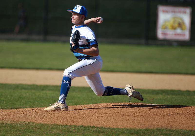 St. Charles North’s Josh Caccia pitches during a game against Batavia in St. Charles on Monday, April 15, 2024.