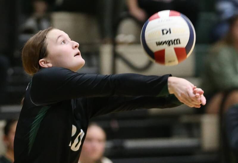 St. Bede's Lili McClain returns a serve from Putnam County on Tuesday, Sept. 24, 2024 at St. Bede Academy.