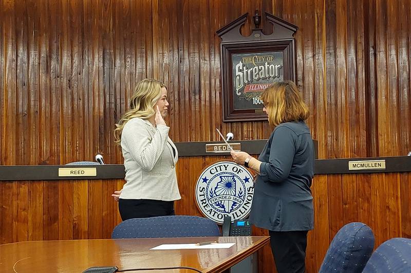 Streator resident Paige Talty is sworn in as the first female police officer in Streator since the 1990s on Monday, April 8, 2024.