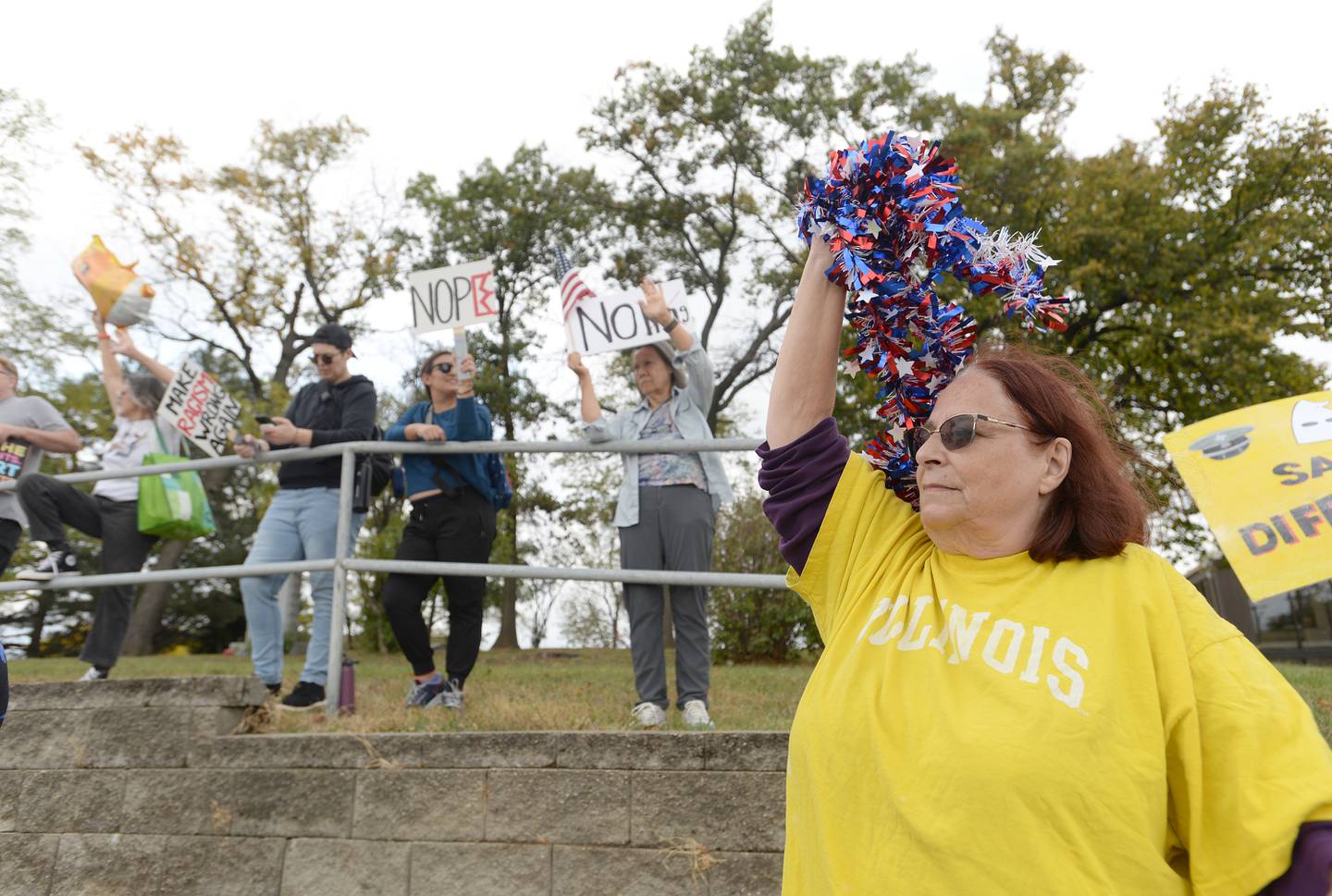 Pat Burke of Woodridge participates Saturday in the No Kings Day protest in Lisle. Protests were held  at several locations throughout the county, including several along Roosevelt Road.