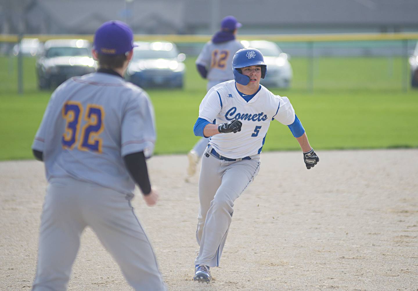 Newman’s Ethan VanLanduit heads to third base against Mendota on Thursday, April 28, 2022.