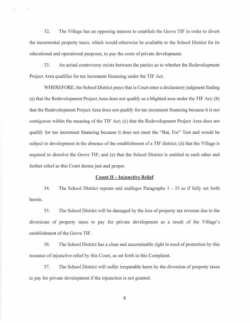 Kaneland School District 302 sued the village of Sugar Grove on June 13, 2025, to stop The Grove tax increment financing development project. The filing alleges the development does not meet the qualifications needed to use TIF money, records show. (Page 8 of 10)