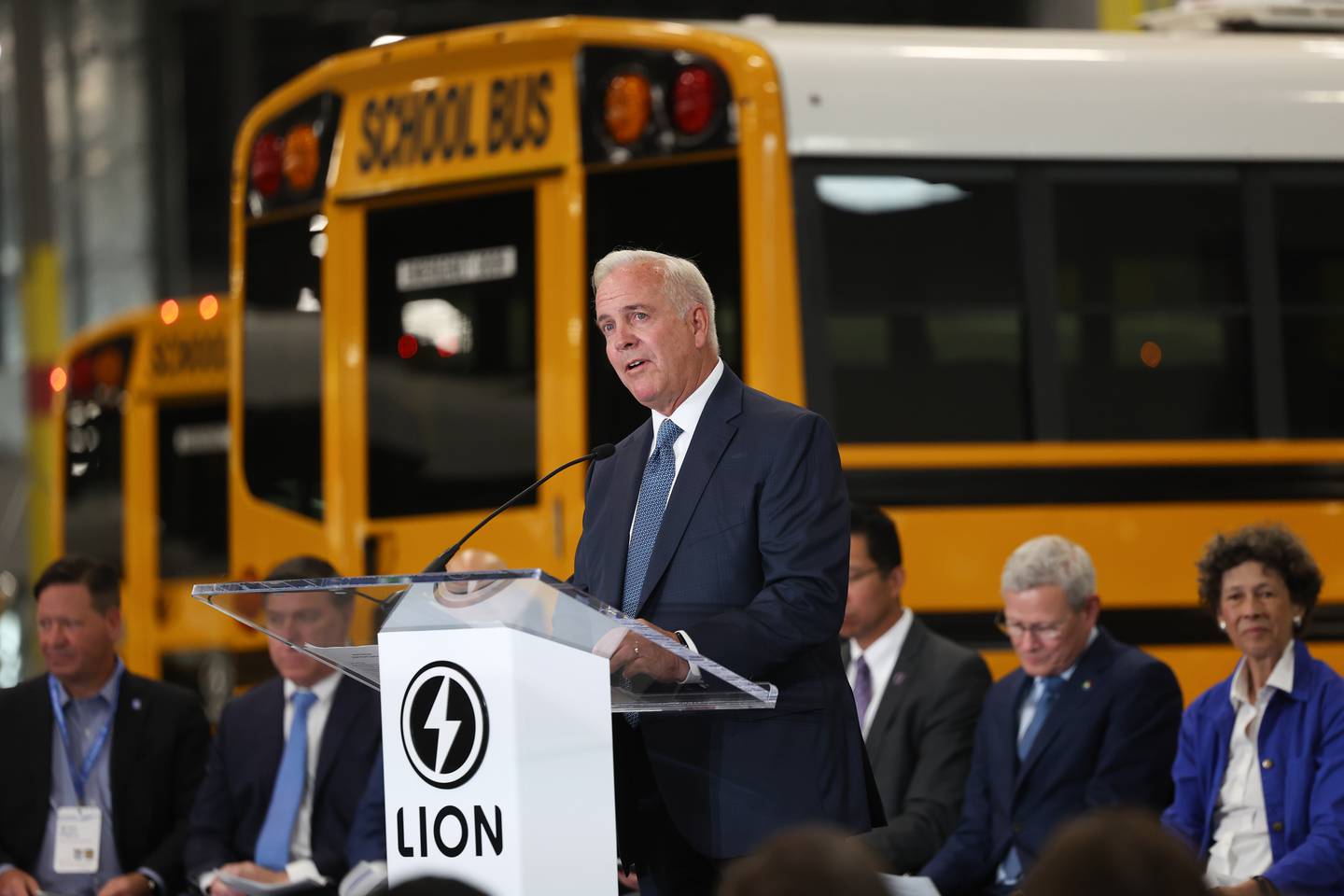 Joliet Mayor Terry D’Arcy speaks at the grand opening of the Lion Electric manufacturing facility on Friday, July 21st, 2023 in Joliet.