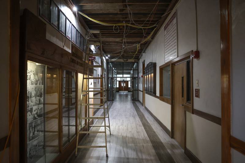 Sections of ceilings are exposed in the hallways at Lockport Township High School Central Campus as work continues on Thursday, April 18, 2024.