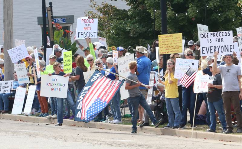 Hundreds gather at Rotary Park during the No Kings protest on Saturday, Oct. 18, 2025 in Princeton.