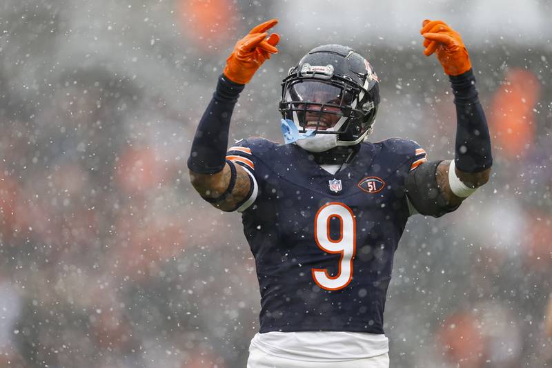 Chicago Bears safety Jaquan Brisker reacts during the first half against the Atlanta Falcons, Sunday, Dec. 31, 2023, in Chicago.