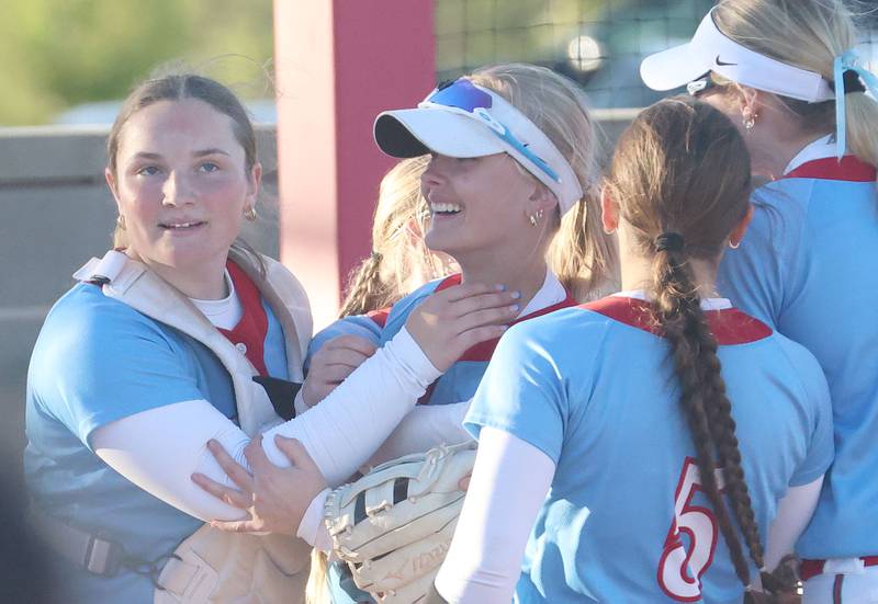 Ottawa catcher Bobbi Snook hugs teammate Joslyn Rose after defeating L-P on Wednesday, April 29, 2026 at the L-P Athletic Complex in La Salle.