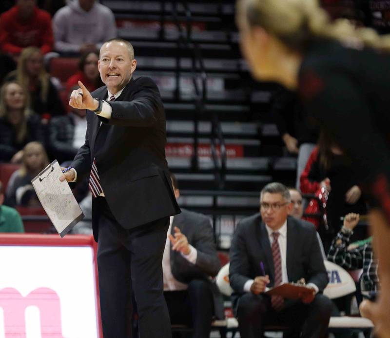 Benet’s head coach Brad Baker during the IHSA Class 4A girls volleyball state title game between Benet Academy and Mother McAuley Saturday November 12, 2022 at Redbird Arena in Normal.