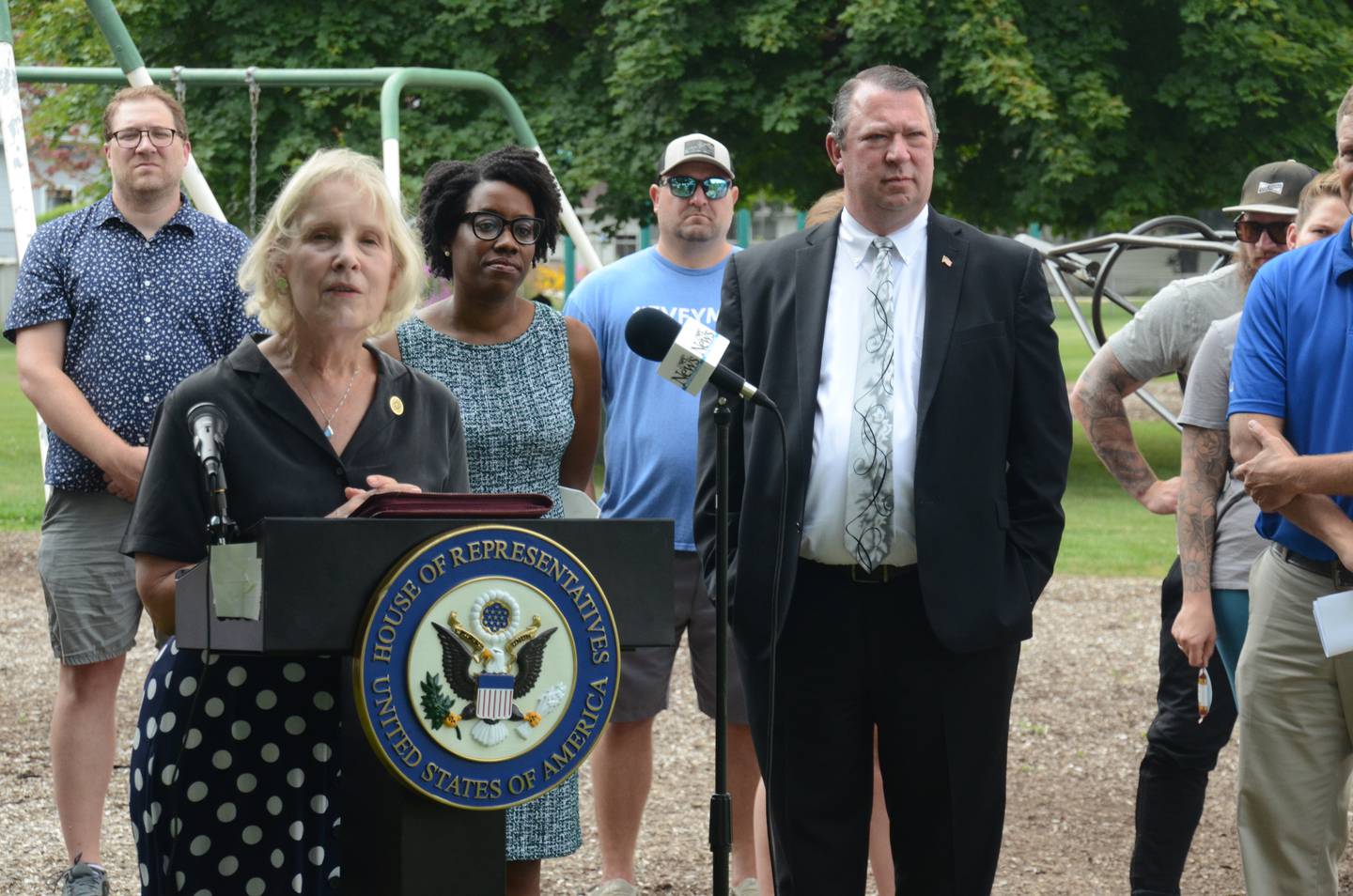 Kane County Board Chair Corinne Pierog speaks alongside Rep. Lauren Underwood and McHenry County Transportation Director Joseph Korpalski at Knights Park in Sandwich, July 23, 2021. (Lucas Robinson - lrobinson@shawmedia.com)