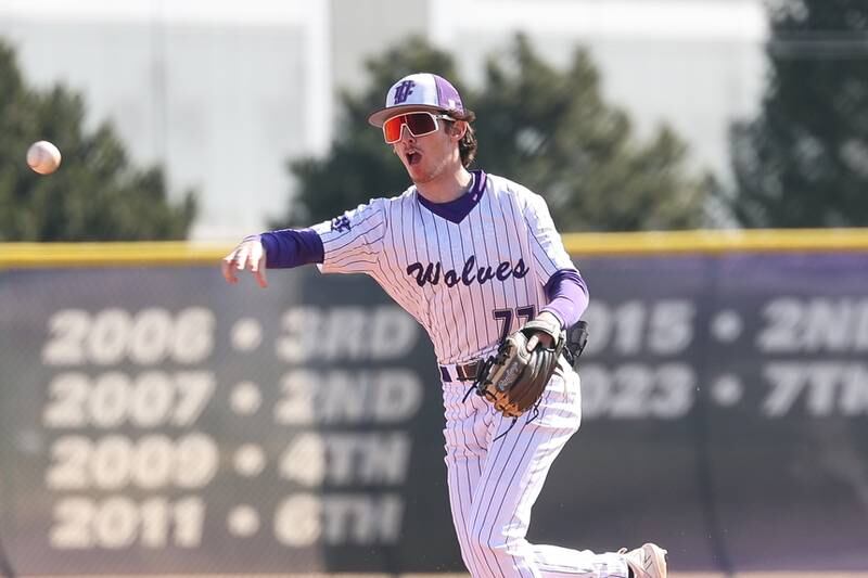 Joliet Junior College’s Matt Klaess throws to first for the out against Illinois Valley in game one of their double-header at the Wolves home opener on Sunday Mar. 3rd, 2024 in Joliet.