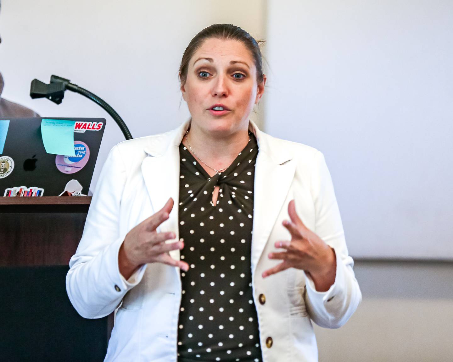 State Senator Rachel Ventura, D-Joliet addresses the attendees at the Community Town Hall to discuss Prime HealthCare's acquisition of Saint Joseph Hospital. Oct 16, 2024 in Joliet.