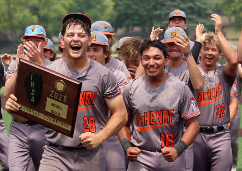 McHenry’s Warriors celebrate a win over  Barrington in IHSA Class 4A Sectional Title Game baseball action at McHenry High School in McHenry on Saturday, June 7, 2025.