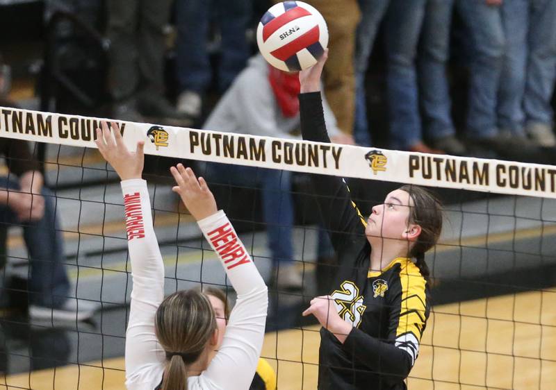 Putnam County's Alyvia Wachowiak directs the ball away from Henry-Senachwine's Emma Gaspardo during the Class 1A Regional semifinal game on Wednesday, Oct. 29, 2025 at Putnam County High School.