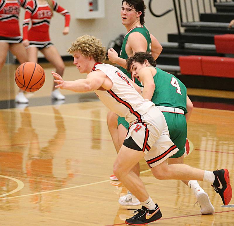 Hall's Mac Resetich (0) dribbles the ball past L-P's Jack Jereb (4) to score on a break away on Tuesday, Nov. 29, 2022 at Hall High School in Spring Valley.