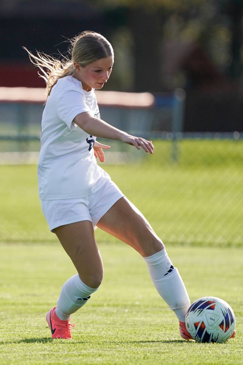 Oswego East's McKenzie Coleman (6) shoots the ball for a goal against Oswego during a soccer match at Oswego High School on Tuesday, April 29, 2025.